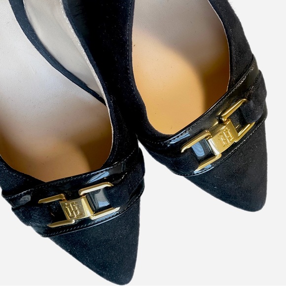 Tommy Hilfiger Black Suede Gold Front Buckle Sling Back Heel - Picture 4 of 8